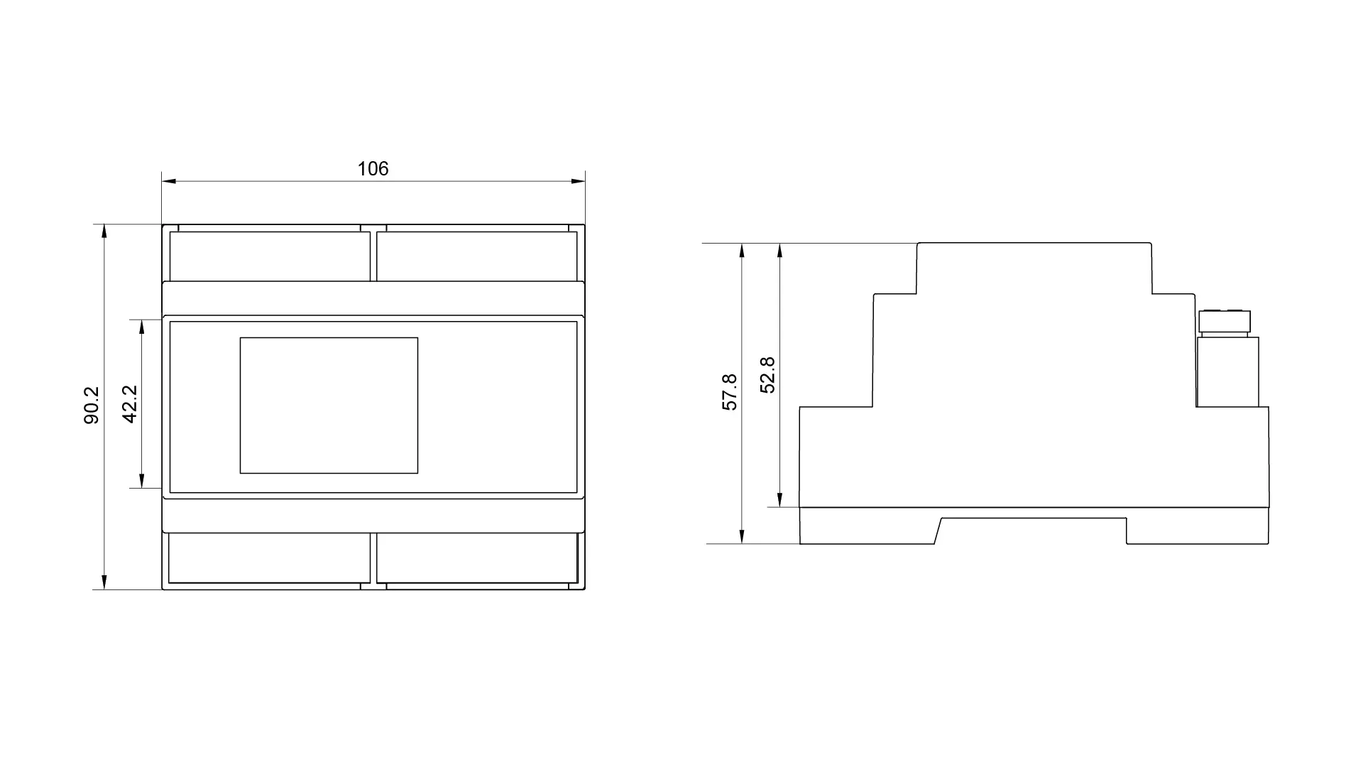 VIACONTROL Abmessungen: 106 × 90,2 mm Front · 57,8 mm Tiefe · Fenster 42,2 mm.