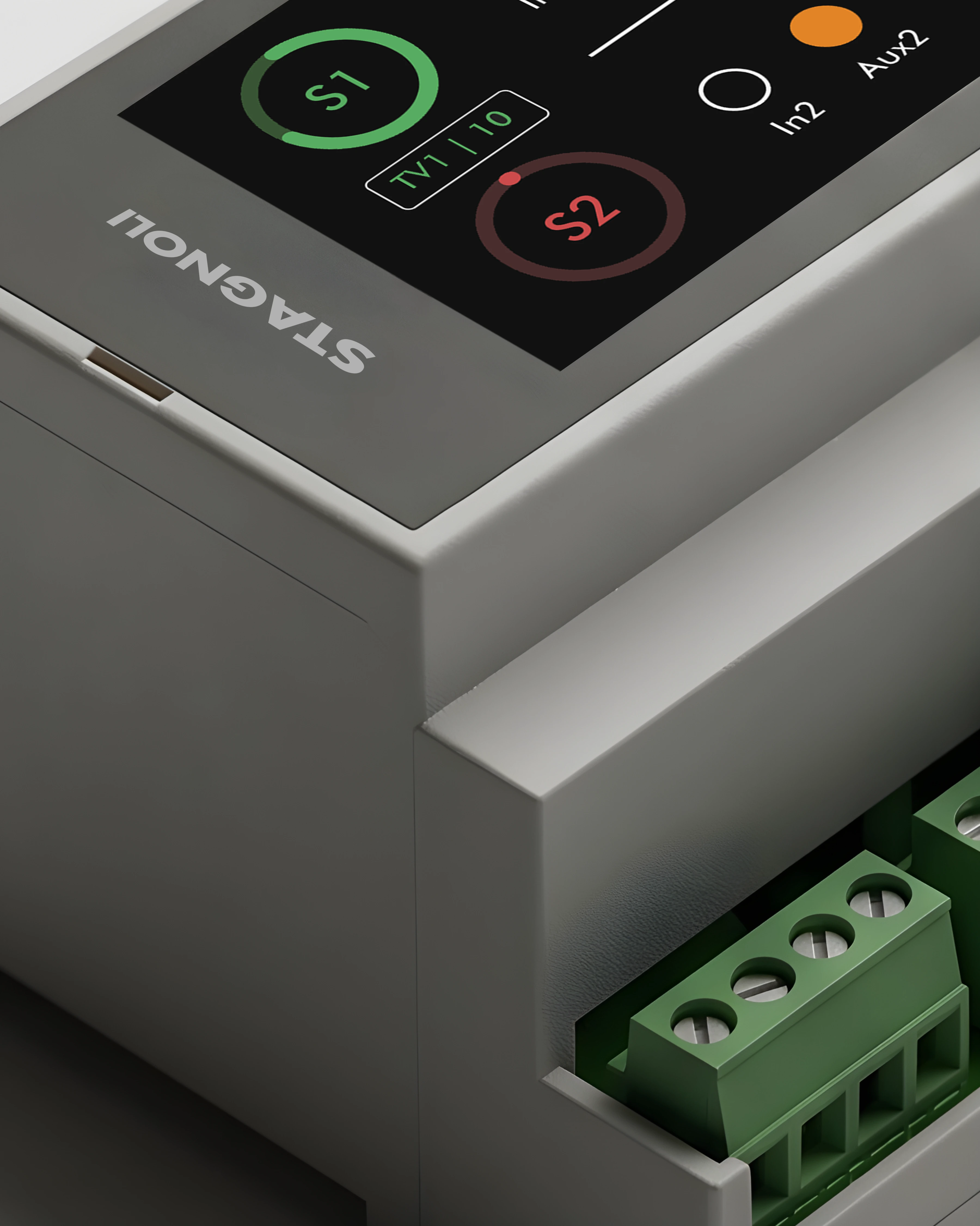 Detail der VIACONTROL-Tastatur — Tasten + / − / ESC / ENTER und AUX-Anzeigen.